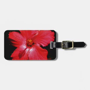 Hot Pink Red Hibiscus flower on Black Luggage Tag