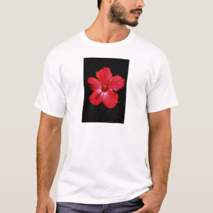 Hot Pink Red Hibiscus flower on Black T-Shirt