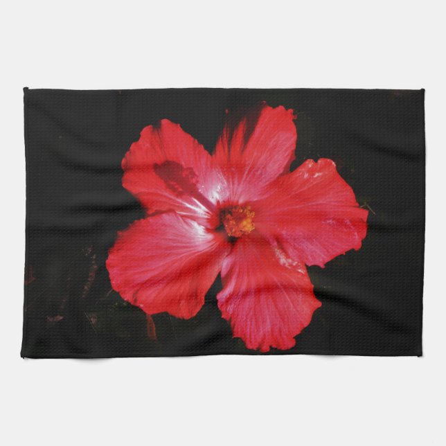 Hot Pink Red Hibiscus flower on Black Towel (Horizontal)
