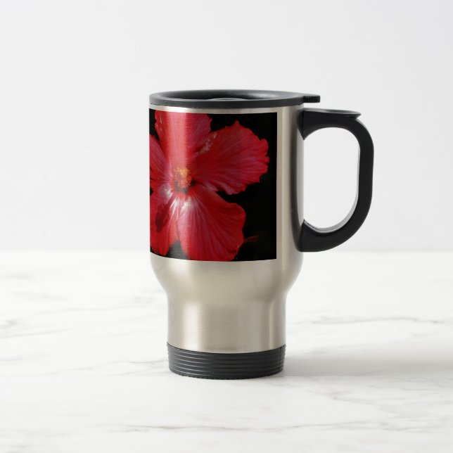 Hot Pink Red Hibiscus flower on Black Travel Mug (Right)