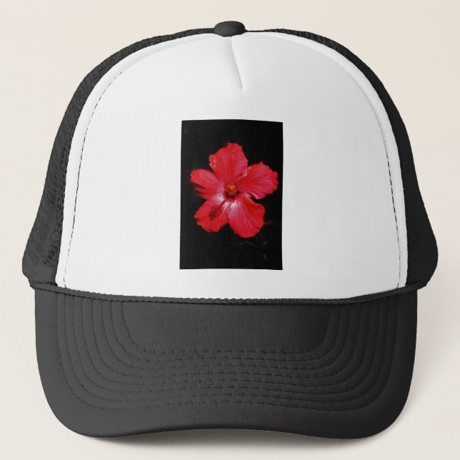 Hot Pink Red Hibiscus flower on Black Trucker Hat (Front)