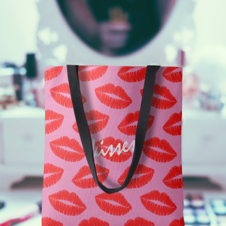 Hot Pink Red Lipstick Kisses Lips Pattern Custom Tote Bag