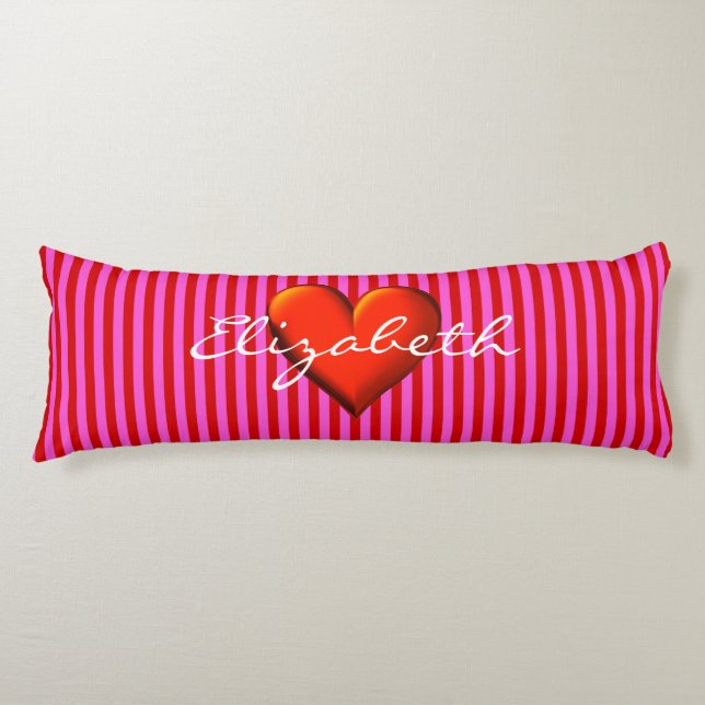 Hot Pink Red Stripe Red Metallic Heart Monogram Body Pillow (Front)