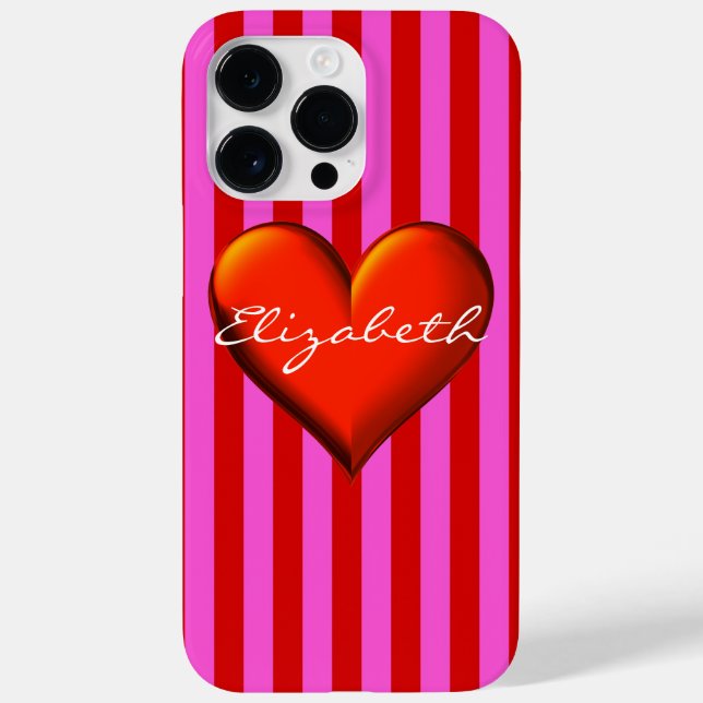 Hot Pink Red Stripe Red Metallic Heart Monogram Case-Mate iPhone Case (Back)
