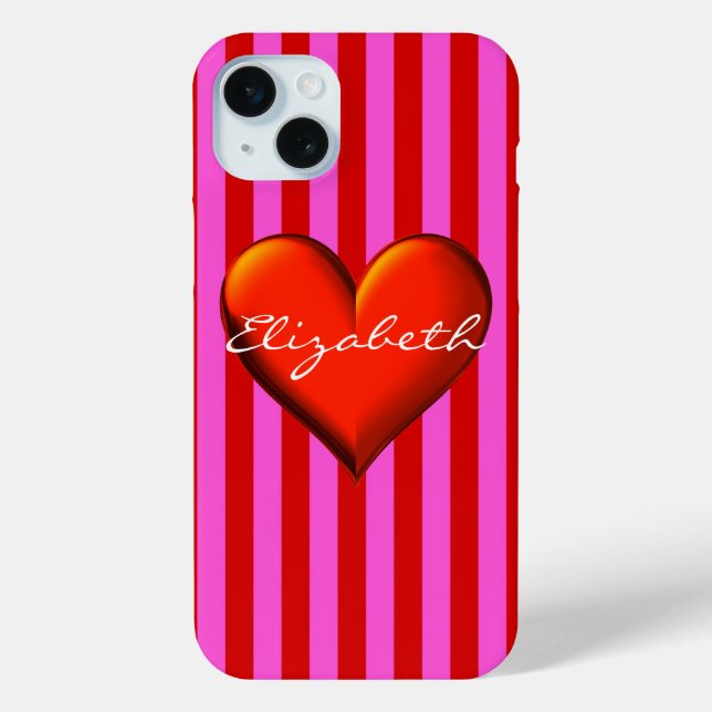 Hot Pink Red Stripe Red Metallic Heart Monogram Case-Mate iPhone Case (Back)