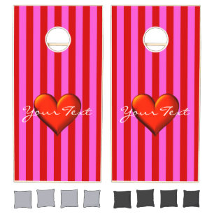 Hot Pink Red Stripe Red Metallic Heart Monogram Cornhole Set