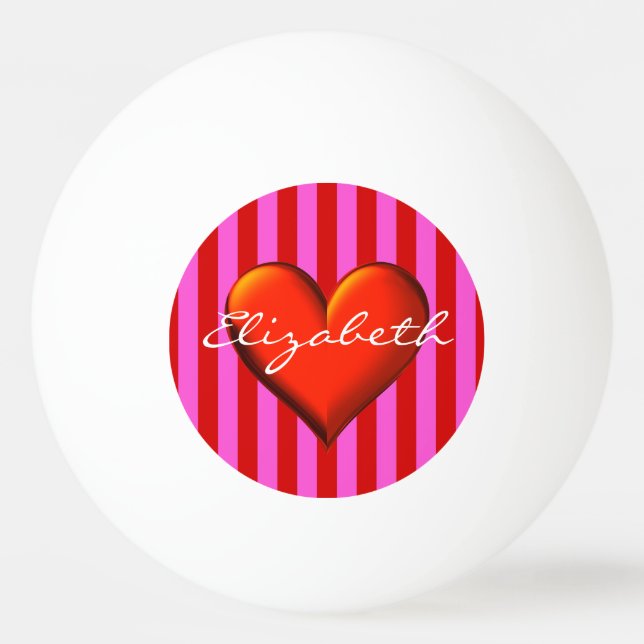 Hot Pink Red Stripe Red Metallic Heart Monogram Ping Pong Ball (Front)