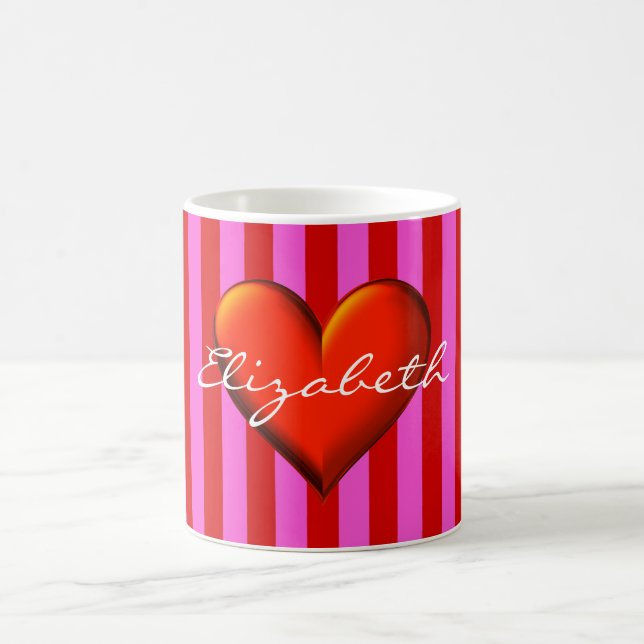 Hot Pink, Red Stripes, Red Metallic Heart Monogram Coffee Mug (Center)