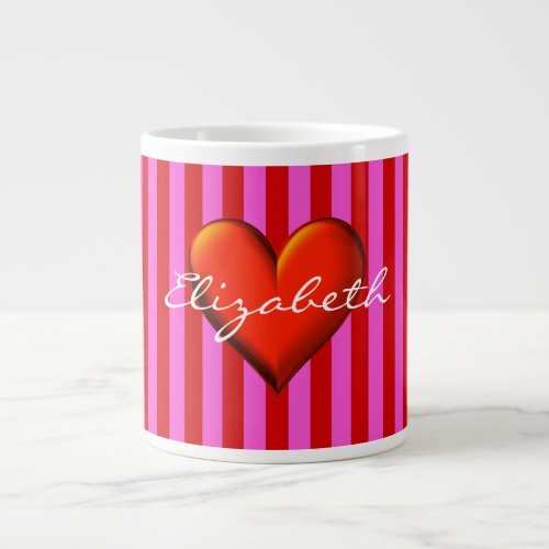 Hot Pink Red Stripes Red Metallic Heart Monogram Large Coffee Mug