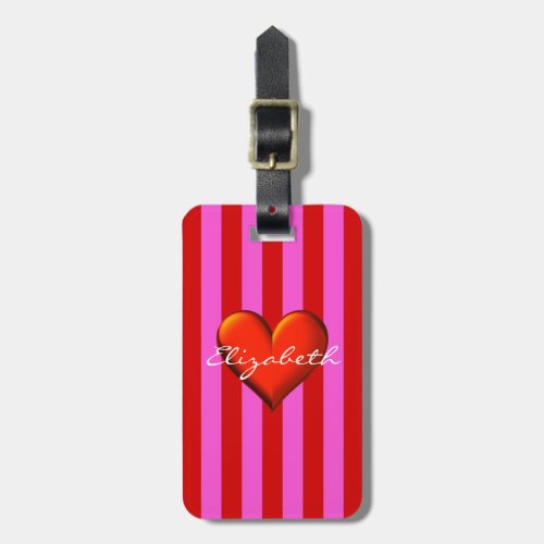 Hot Pink Red Stripes Red Metallic Heart Monogram Luggage Tag