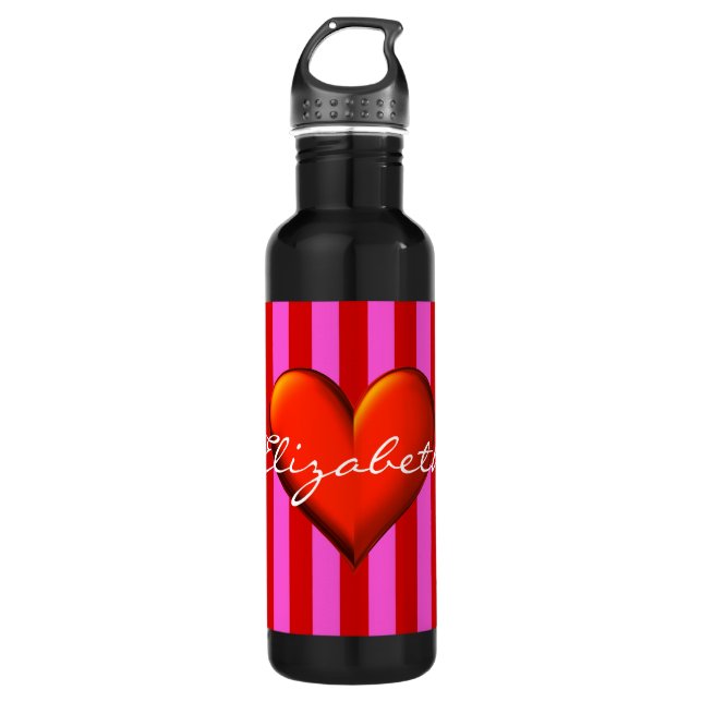 Hot Pink, Red Stripes, Red Metallic Heart Monogram Water Bottle (Front)