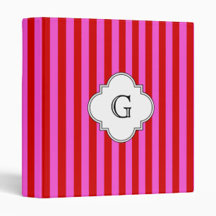 Hot Pink Red Stripes, White Quatrefoil Monogram 3 Ring Binder