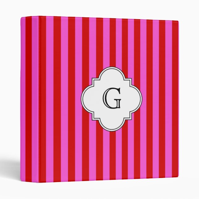 Hot Pink Red Stripes, White Quatrefoil Monogram 3 Ring Binder (Front/Spine)
