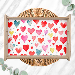 Hot Pink Red Watercolor Heart Pattern Serving Tray