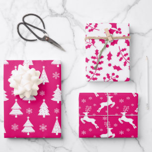 Hot Pink Reindeer, Christmas Trees and Holly Wrapping Paper Sheets