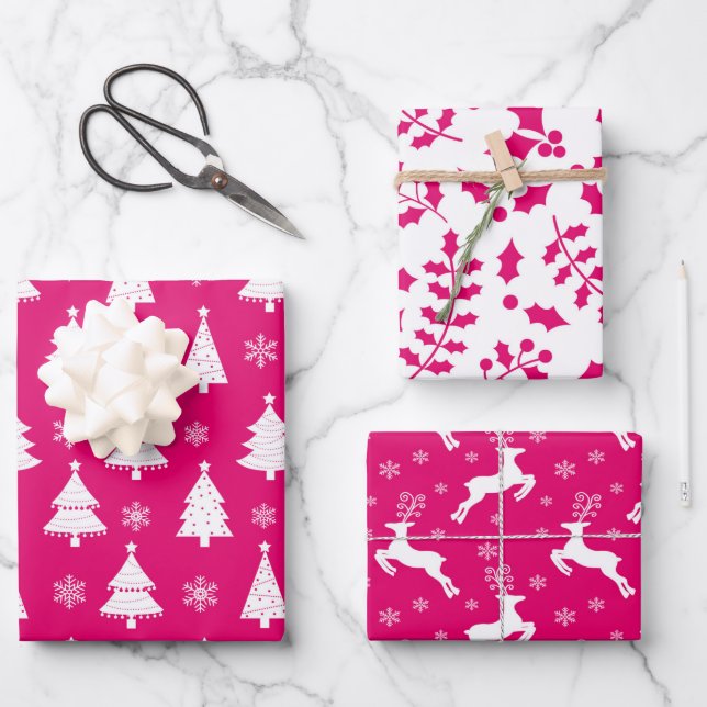 Hot Pink Reindeer, Christmas Trees and Holly Wrapping Paper Sheets (Front)