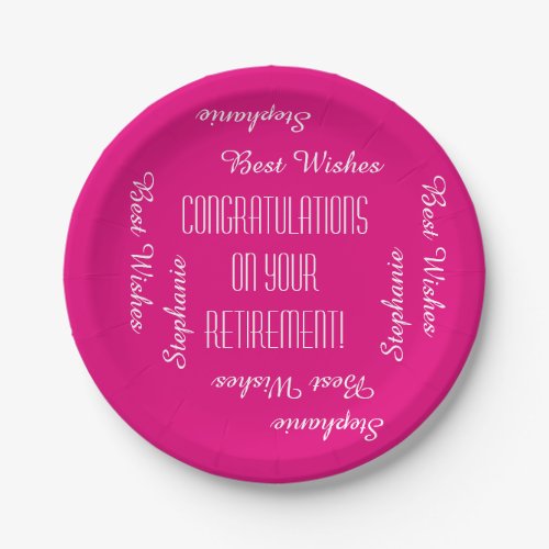Hot Pink Retirement Party Repeating Names Paper Plates