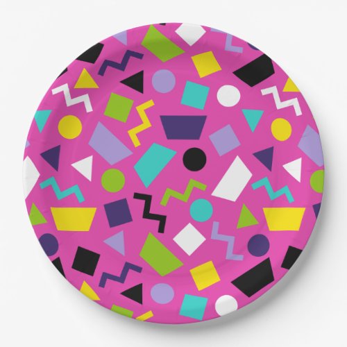 Hot Pink Retro 80s Confetti Geometric Shapes Paper Plates