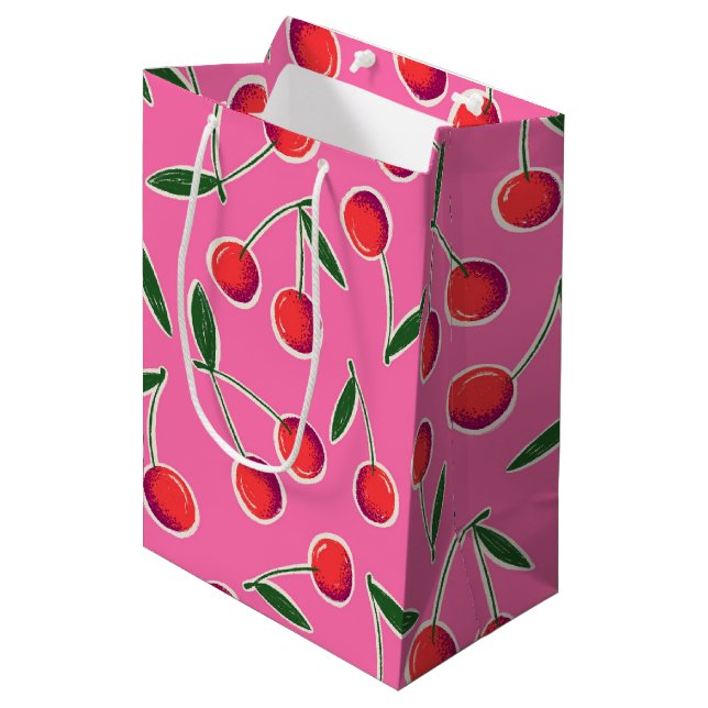 Hot Pink Retro Berry Cherry Birthday Gift Bag (Front Angled)