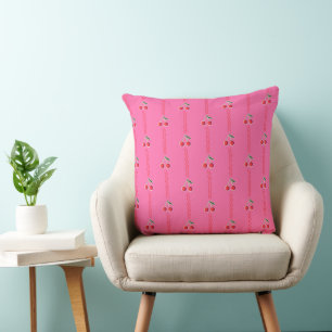 Hot Pink Retro Berry Cherry Stripes Throw Pillow