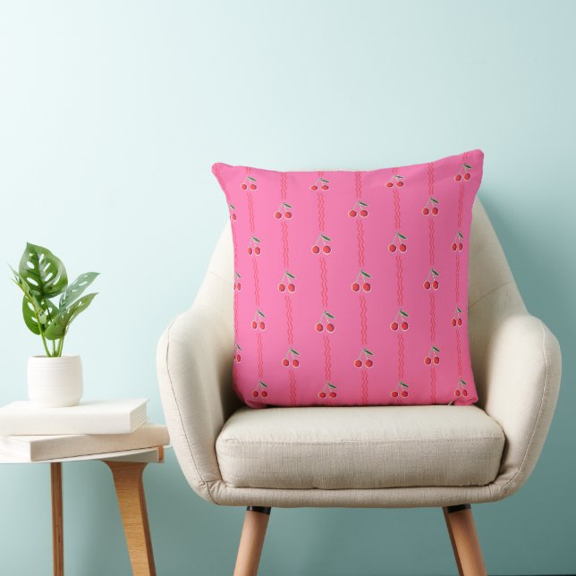 Hot Pink Retro Berry Cherry Stripes Throw Pillow (Chair)