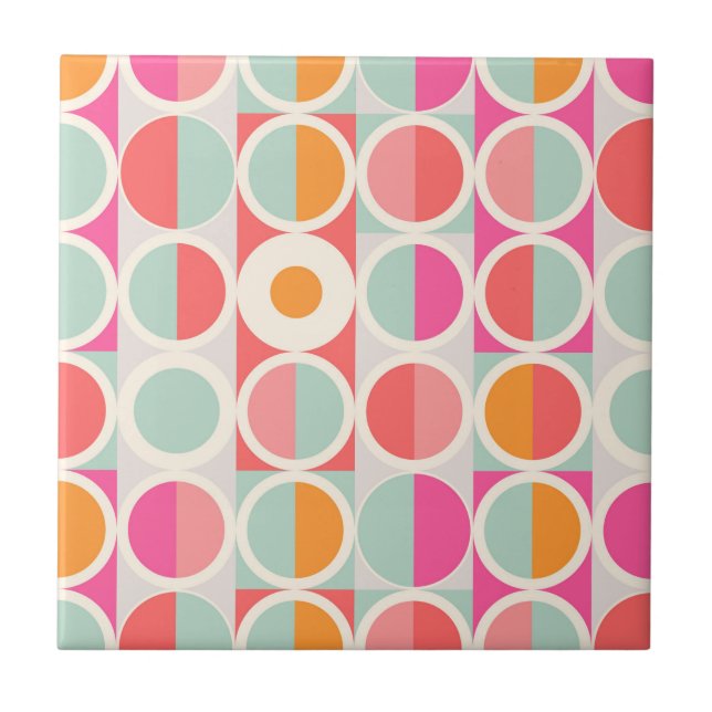 Hot Pink Retro Circle Pattern Ceramic Tile (Front)