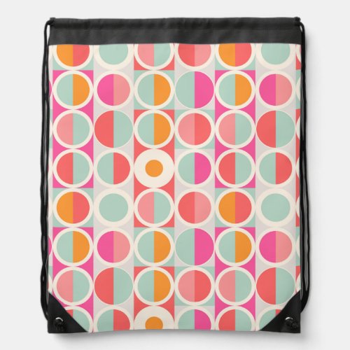 Hot Pink Retro Circle Pattern Drawstring Bag