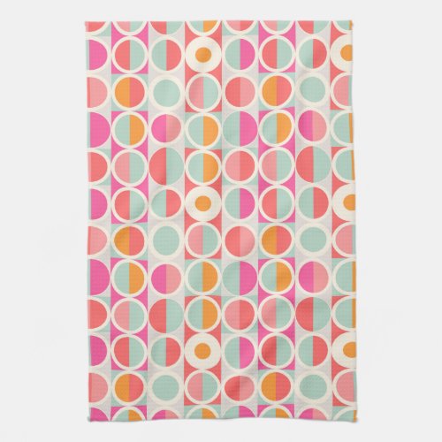 Hot Pink Retro Circle Pattern Kitchen Towel