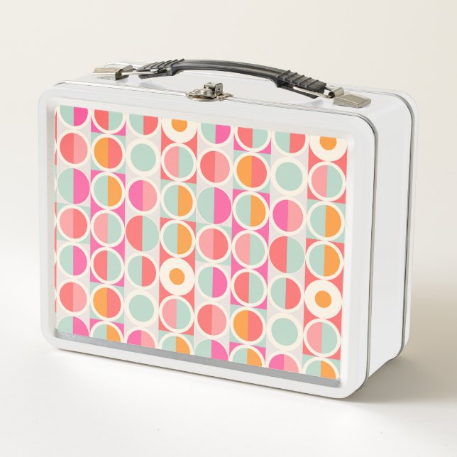 Hot Pink Retro Circle Pattern Metal Lunch Box (Front)