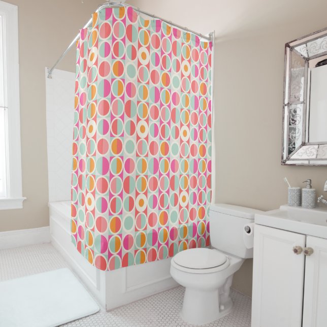 Hot Pink Retro Circle Pattern Shower Curtain (In Situ)