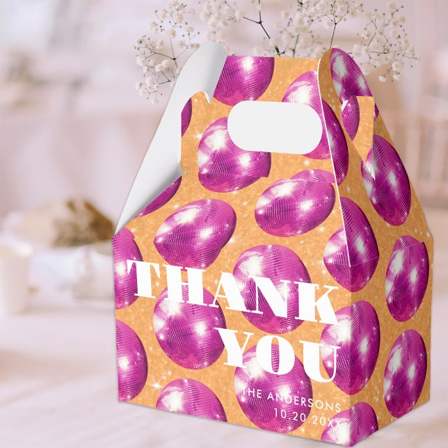 Hot Pink Retro Disco Balls Wedding Thank You Favor Boxes (Front)
