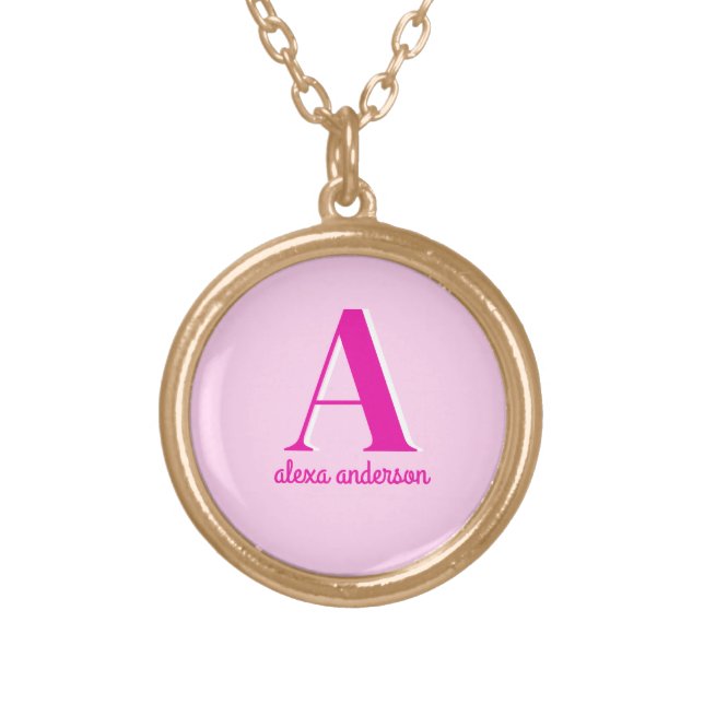 Hot Pink Retro Dolly Monogram Gold Plated Necklace (Front)