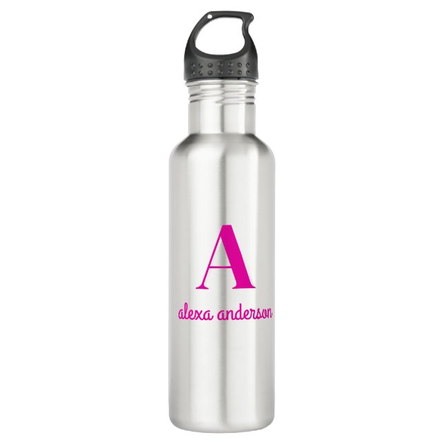 Hot Pink Retro Dolly Monogram Stainless Steel Water Bottle (Front)
