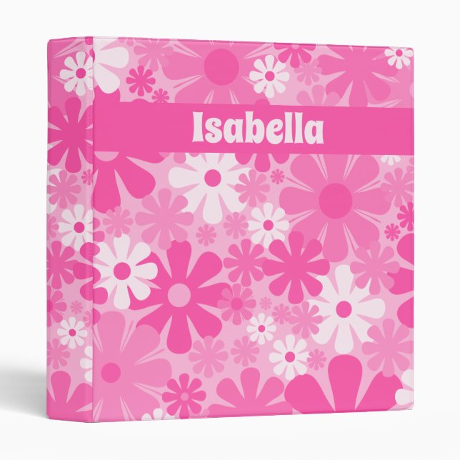 Hot Pink Retro Flower Pattern Personalized 3 Ring Binder (Front/Spine)