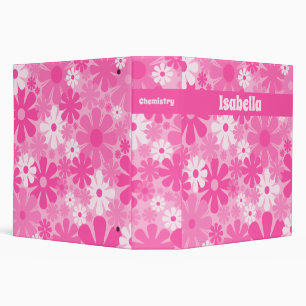 Hot Pink Retro Flower Pattern Personalized School  3 Ring Binder