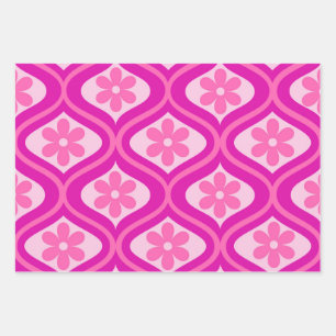Hot Pink Retro Flowers on Mid Century Ogee Pattern Wrapping Paper Sheets