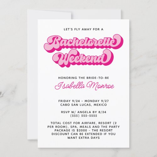 Hot Pink Retro Font Long Bachelorette Weekend Invitation