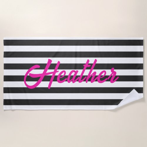 Hot Pink Retro Inspired Black White Name Beach Towel