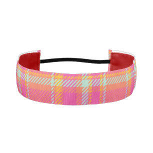 Hot Pink Retro Plaid with Orange and Blue Satin R Athletic Headband