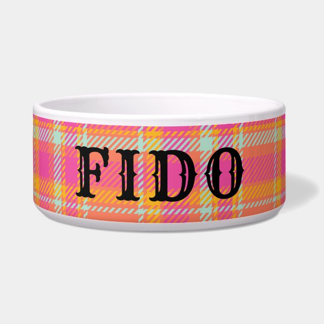 Hot Pink Retro Plaid with Orange and Blue  Soup Mu Bowl (Front)