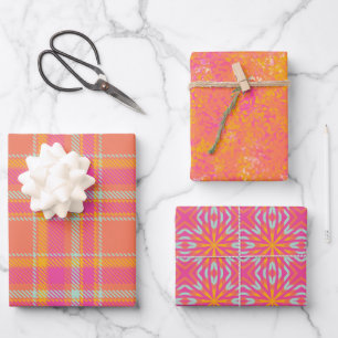Hot Pink Retro Plaid with Orange and Blue  Wrapping Paper Sheets
