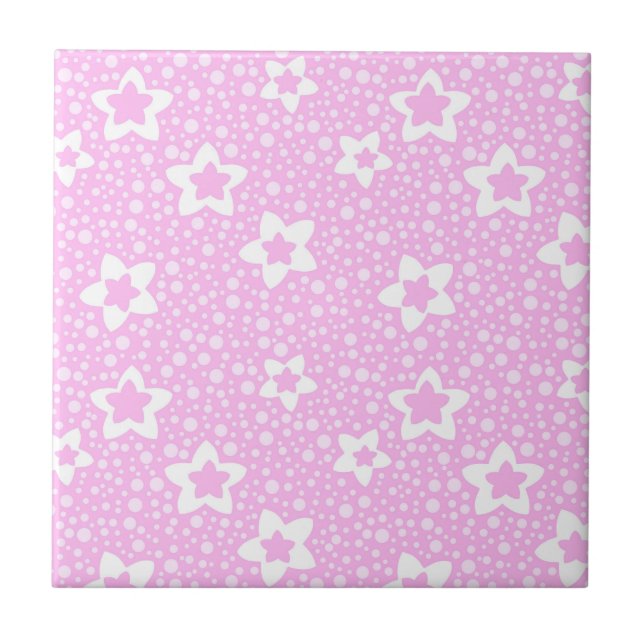 Hot pink retro polka dots with floral pattern ceramic tile (Front)