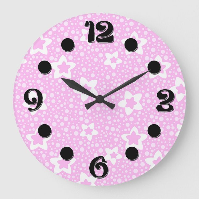 Hot pink retro polka dots with floral pattern large clock (Front)