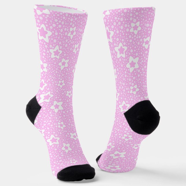 Hot pink retro polka dots with floral pattern socks (Angled)
