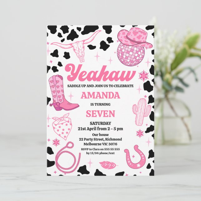 Hot Pink Retro Rodeo Western Disco Birthday Invitation (Standing Front)