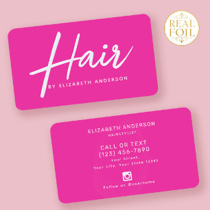 Hot Pink Retro Script Hairstylist Salon Foil Business Cards