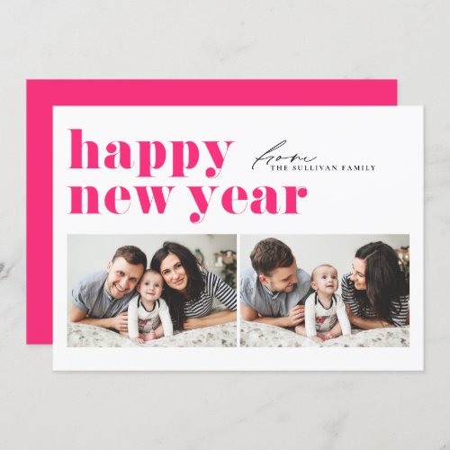 Hot Pink Retro Typography Photo Happy New Year Holiday Card