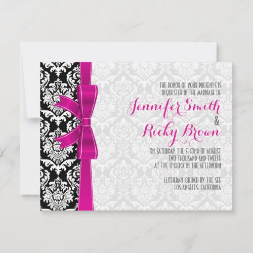 Hot Pink Ribbon Black  White Damasks Wedding Invitation