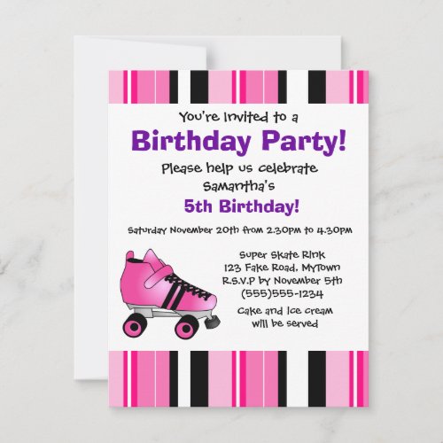 Hot Pink Roller Skate Birthday Party - Pink Stripe Personalized Invites