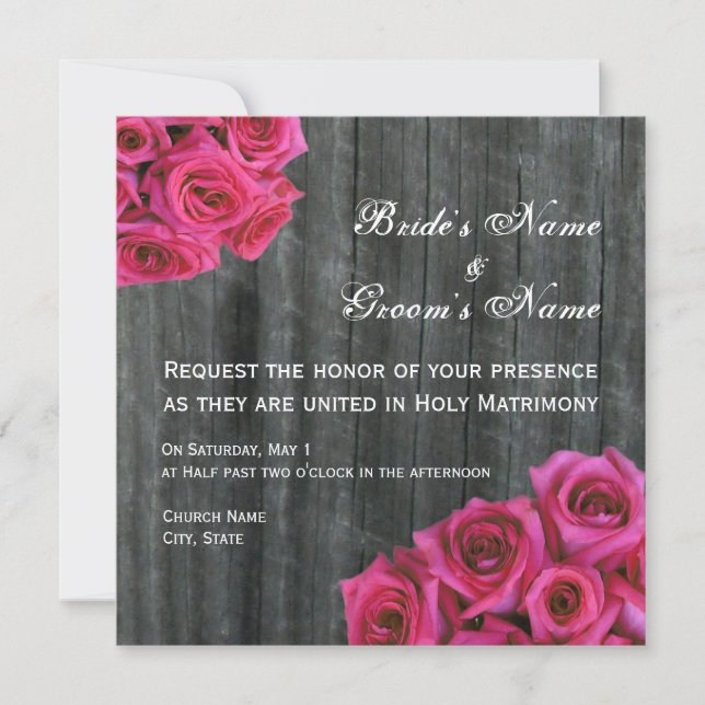Hot Pink Rose and Barnwood Wedding Invitation (Front)